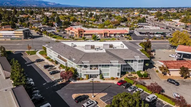 Aerial view of the building from the corner